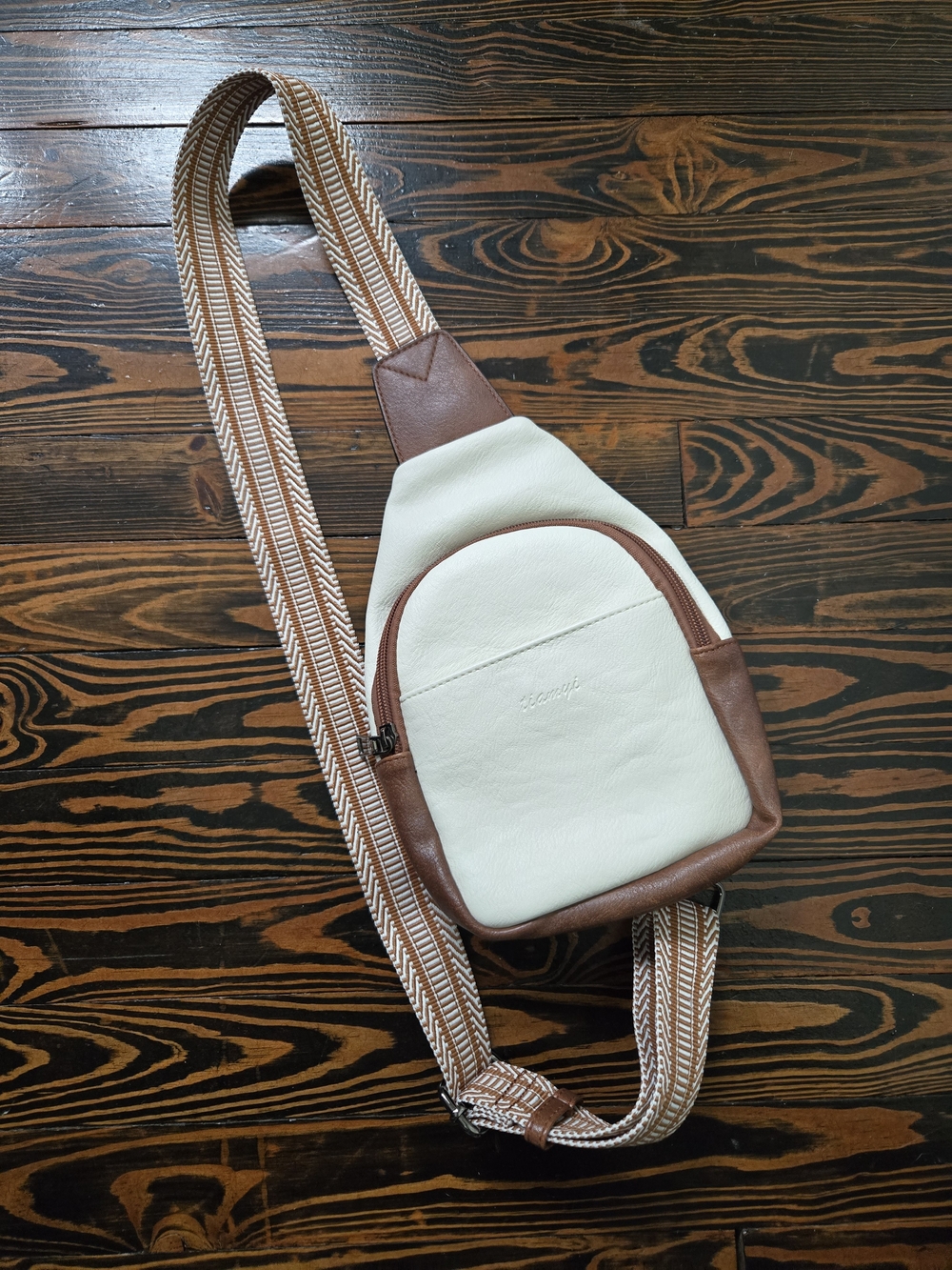 Tianyi Faux Leather Sling Crossbody Chest Bag Woven Guitar Strap Cream Brown